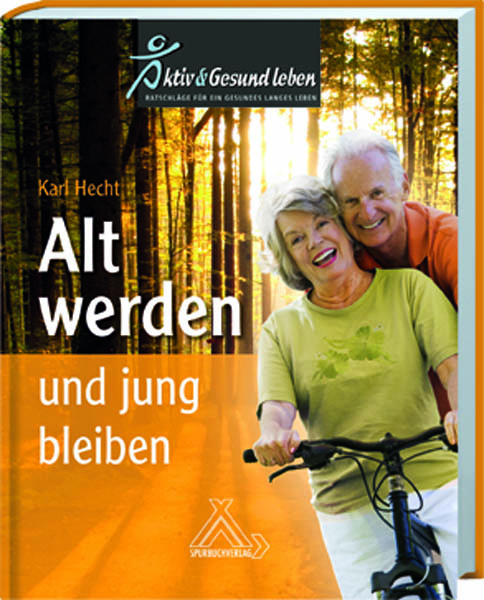 Buchcover-zwei glückliche ältere Menschen auf dem Rad, im Hintergrund Wald, unten eine orangefarbene Fläche