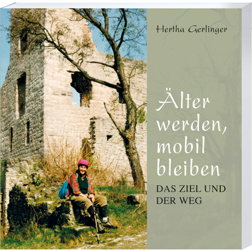 Buchcover-Frau mit Wanderstock sitzt vor einer Burgruine