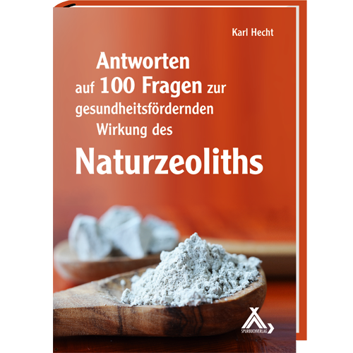Buchcover-Holzlöffel mit Zeolith vor rotbraunem Hintergrund