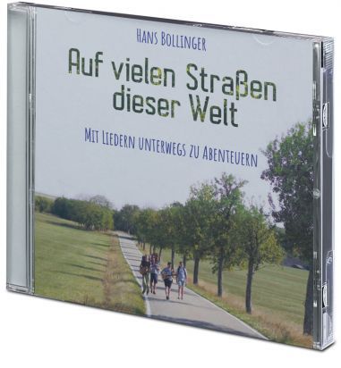 CD Cover, Landschaftsfoto, eine Straße daneben Bäume und eine Gruppe Menschen auf Wanderschaft