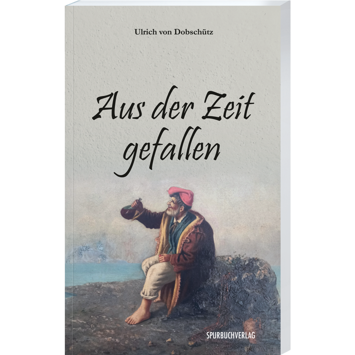 gemaltes Cover in grau mit der Titelaufschrift, abgebildet ein Mann mit rotem Turban auf einem Stein sitzend und einer Weinflasche in der rechten Hand