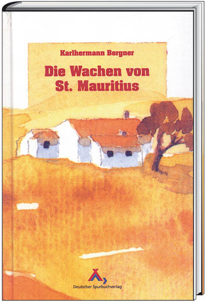 Weißes Buchcover mit einem aquarell gemalten Bild einer Landschaft in gelb mit einem Haus
