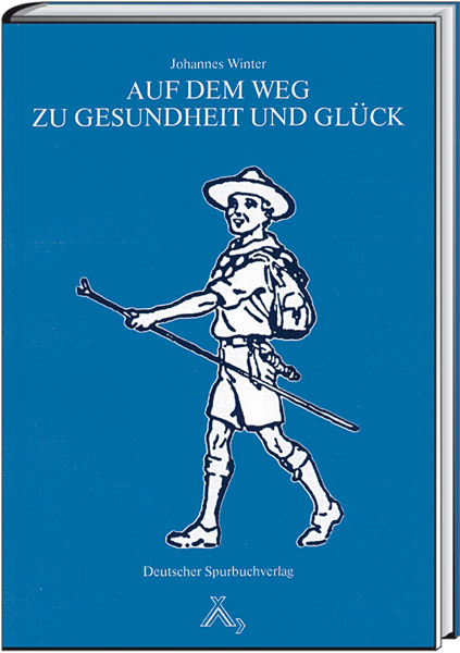 Buchcover-gezeichneter Pfadfinder mit Wanderstock vor blauem Hintergrund