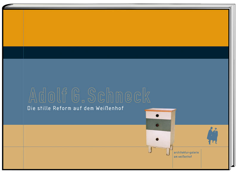 Buchcover-Schrank und zwei Menschen vor blau-orangem Hintergrund