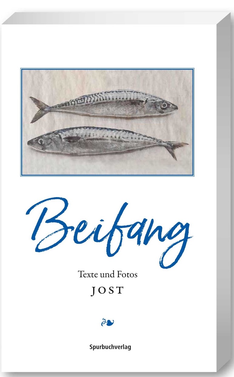 weißes Buchcover mit zwei gemalten Fischen darauf und der Titelschrift in Blau