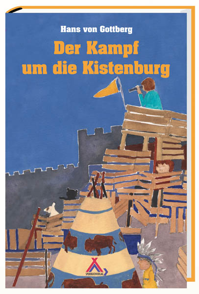 Buchcover gemalt/ zusehen eine Kistenburg mit einer gelben Fahne und ein Kind steht obendrauf