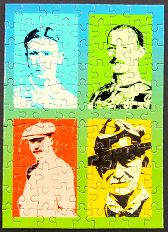 Puzzlebild, 4 Bilder in verschiedenen Farben, blau, grün, rot, gelb