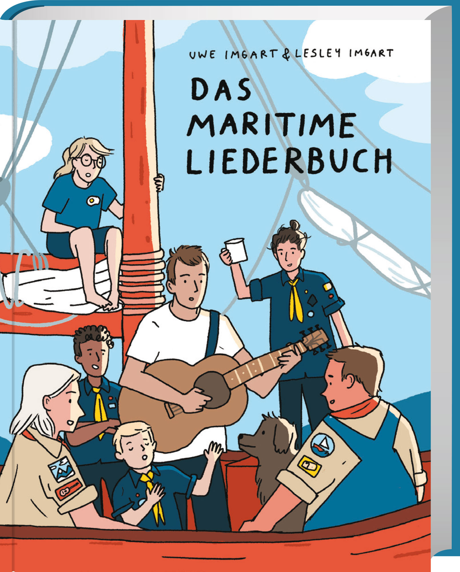 Bunt gemaltes Cover mit 7 Pfadfinder und einem Hund auf einem Segelboot